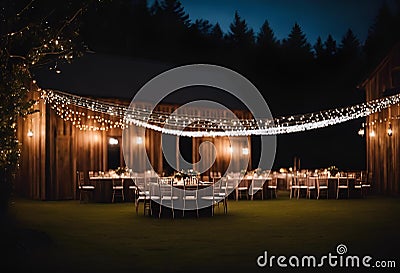 a wedding reception set up in a barn at night with fairy lights Cartoon Illustration