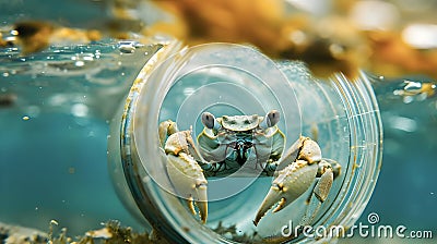 AI generated illustration of a crab inside a plastic waste in the seabed, marine pollution concept Cartoon Illustration