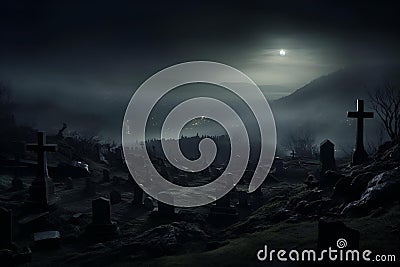 AI-generated illustration of a creepy graveyard illuminated by a full moon in a night sky Cartoon Illustration