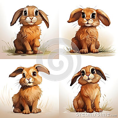 AI generated illustration of cute brown rabbits with diverse expressions Cartoon Illustration