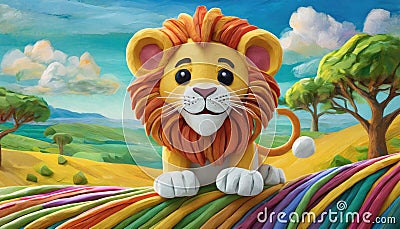 AI generated illustration of a cute cheerful and funny lion cub made with colorful playdough Cartoon Illustration