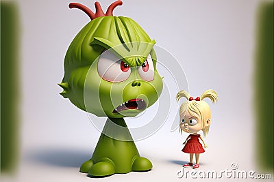 AI generated illustration of a cute funny 3D green Grinch character with Cindy Lou Who Cartoon Illustration