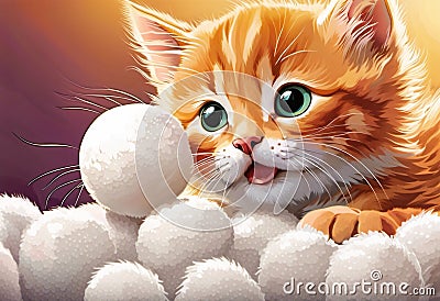 AI generated illustration of a cute ginger cat sitting on a pile of white balls Cartoon Illustration