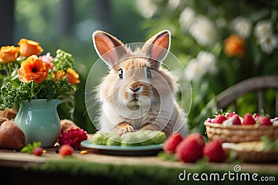 AI generated illustration of a cute rabbit sitting with a plate of berries Cartoon Illustration