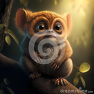 AI generated illustration of a cute tarsier animal with big eyes perched on a tree branch Cartoon Illustration