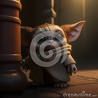 AI generated illustration of a tarsier animal with big eyes sitting on a floor in a dark atmosphere Cartoon Illustration