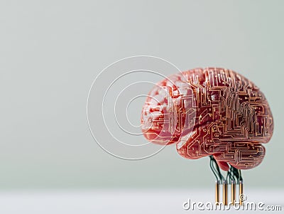 Artificially generated 3D brain model with futuristic red circuit texture placed on a neutral background symbolizing artificial Cartoon Illustration