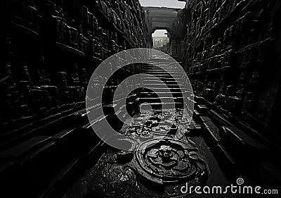 AI generated illustration of a dark hallway with an imposing stairway Cartoon Illustration