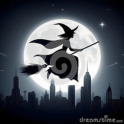 AI generated illustration of a dark silhouette of a witch flying on a broomstick over a city Cartoon Illustration