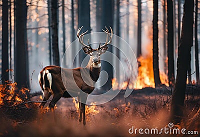 AI generated illustration of a deer in a burning forest Cartoon Illustration