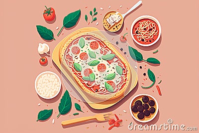 AI generated illustration of delicious cartoon Italian food like pizza and pasta Cartoon Illustration