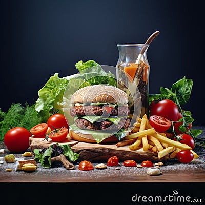 AI generated illustration of a delicious hamburger with fresh lettuce, tomato, pickles and onions Cartoon Illustration