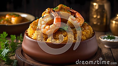 AI generated illustration of a delicious plate of an appetizing Mofongo with Shrimp Cartoon Illustration