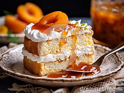 AI generated illustration of a delicious slice of layered apricot cake on a plate with a fork Cartoon Illustration