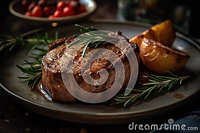 AI generated illustration of a delicious and succulent portion of steak served with roasted potatoes Cartoon Illustration