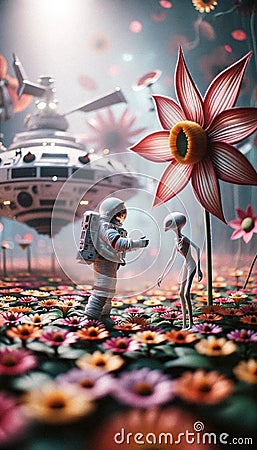 AI-Generated Image: Astronaut Meeting Alien on Flower Planet Cartoon Illustration