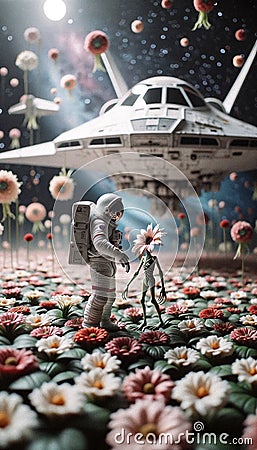 AI-Generated Image: Astronaut Meeting Alien on Flower Planet Cartoon Illustration