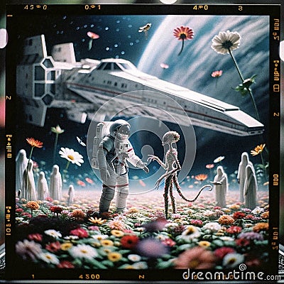 AI-Generated Image: Astronaut Meeting Alien on Flower Planet Cartoon Illustration