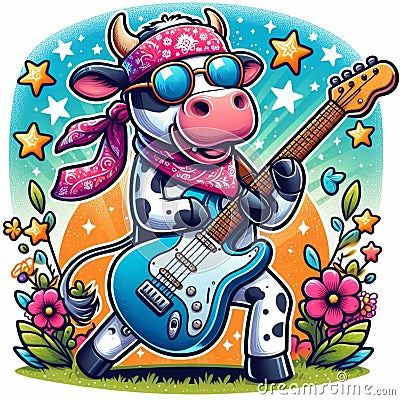 AI generated illustration depicting a cow performing live in concert Cartoon Illustration
