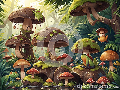 AI generated illustration depicting mushrooms, frogs and several creatures in the forest Cartoon Illustration