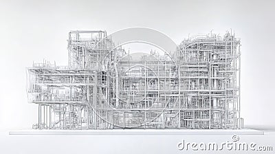 Detailed architectural wireframe model of complex building structure featuring skeletal framework technical design elements Cartoon Illustration