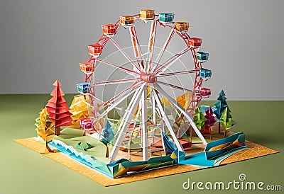 AI generated illustration of a detailed paper model of a classic ferris wheel, with miniature trees Cartoon Illustration