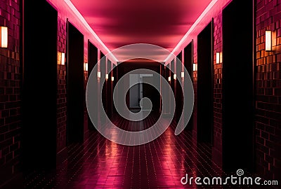 AI generated illustration of a dimly lit hallway illuminated by a soft pink neon light Cartoon Illustration