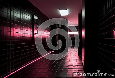 AI generated illustration of a dimly lit hallway illuminated by a soft pink neon light Cartoon Illustration