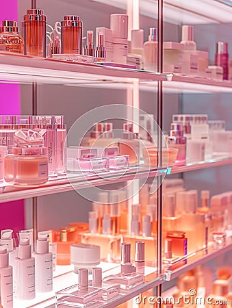 AI-generated illustration of a diverse collection of cosmetics showcased on a shelf Cartoon Illustration