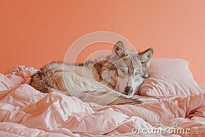 AI generated illustration of A dog with a wolf perches gracefully on a bed Cartoon Illustration