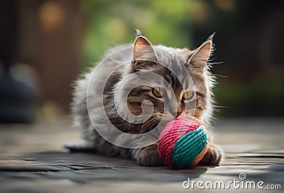 a cat is playing with a ball on a patio area Cartoon Illustration