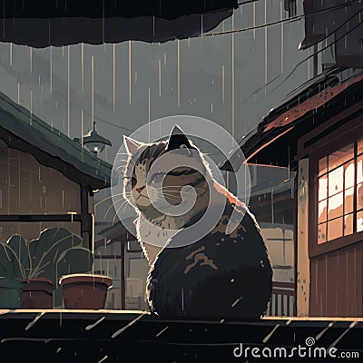 AI generated illustration of a domestic feline atop a wooden fence in the rain Cartoon Illustration