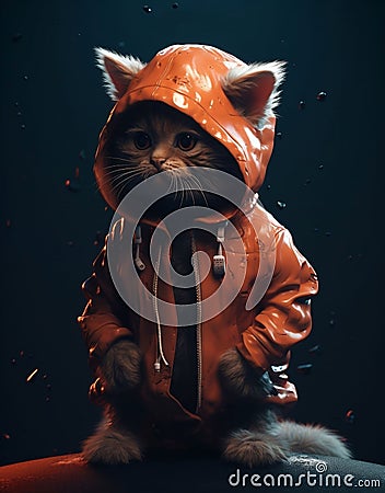 the cat is dressed as an orange raincoat with hood Cartoon Illustration