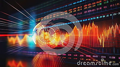 AI generated illustration double exposure art showing Bitcoin and market price index in red, symbolising cryptocurrency crisis and Cartoon Illustration