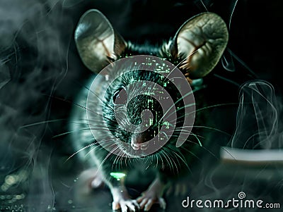 AI generated illustration of a double-exposure photography of a robot mouse with green eyes Cartoon Illustration