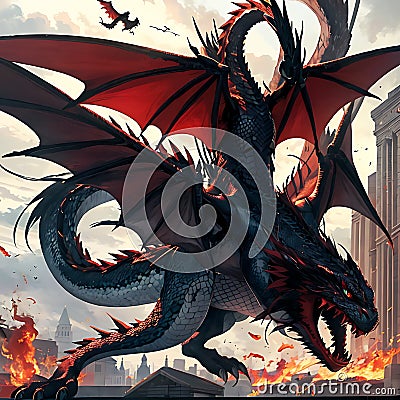 AI generated illustration of a dragon flying and breathing fire Cartoon Illustration