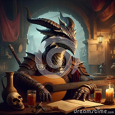 AI generated illustration of a dragon leisurely enjoying its time with a guitar Cartoon Illustration