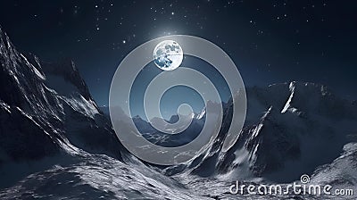 AI generated illustration of a dreamy aerial shot of a crescent moon and snow-capped mountains Cartoon Illustration
