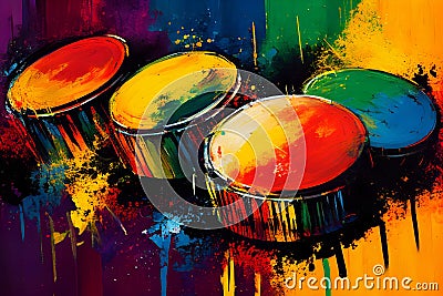 AI generated illustration of drums splashes with colorful paint Cartoon Illustration