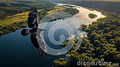 AI-generated illustration of an eagle soaring majestically above green woods and river Cartoon Illustration