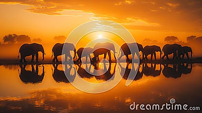 AI generated illustration of elephants gathered by a lake at sunset Cartoon Illustration