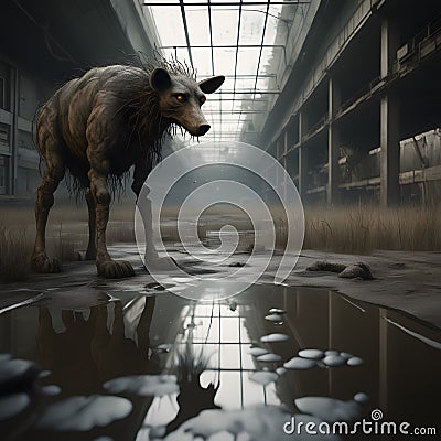 AI generated illustration of an emaciated dog reflecting on a puddle Cartoon Illustration