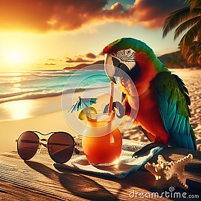 AI generated illustration of an exotic parrot perched beside a refreshing drink on a tropical beach Cartoon Illustration