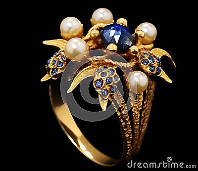 AI generated illustration of an exquisite gold ring with a central sapphire Cartoon Illustration