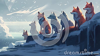 AI generated illustration of a family of foxes atop a snowy rock formation Cartoon Illustration