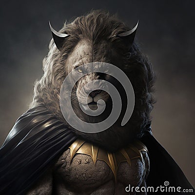 AI generated illustration of a fantasy lion wearing a suit of armor and a cape Cartoon Illustration