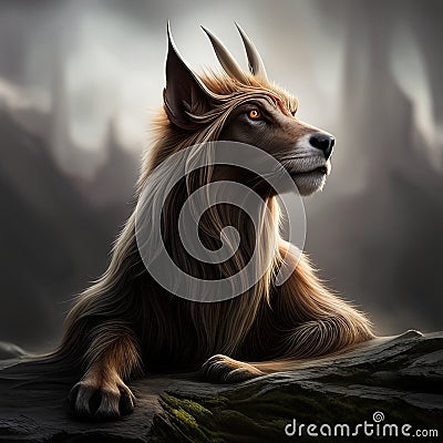 AI generated illustration of a fantasy mythical creature with for and horns on the rocky surface Cartoon Illustration