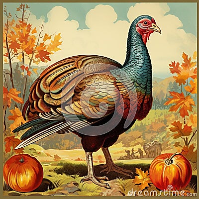 AI generated illustration of a farm turkey in a rustic outdoor setting surrounded by orange pumpkins Cartoon Illustration