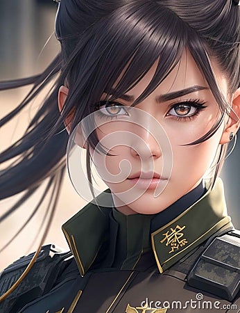 AI generated illustration of female character wearing military gear and with her hair pulled up Cartoon Illustration