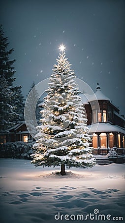 a christmas tree in front of a lodge with light on it Cartoon Illustration